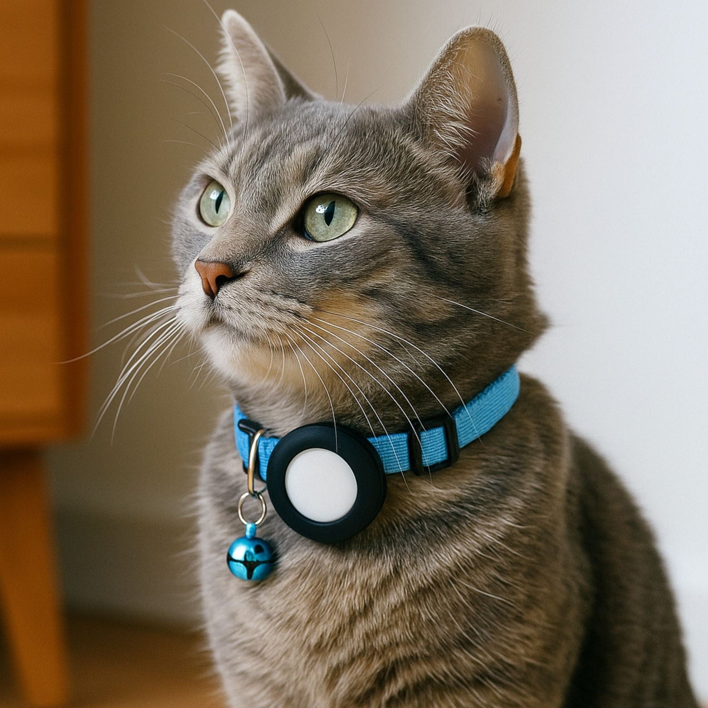 Collier GPS Chat <br> Bleu Clair Sécurisant avec Bande Réfléchissante et Clochette Assortie