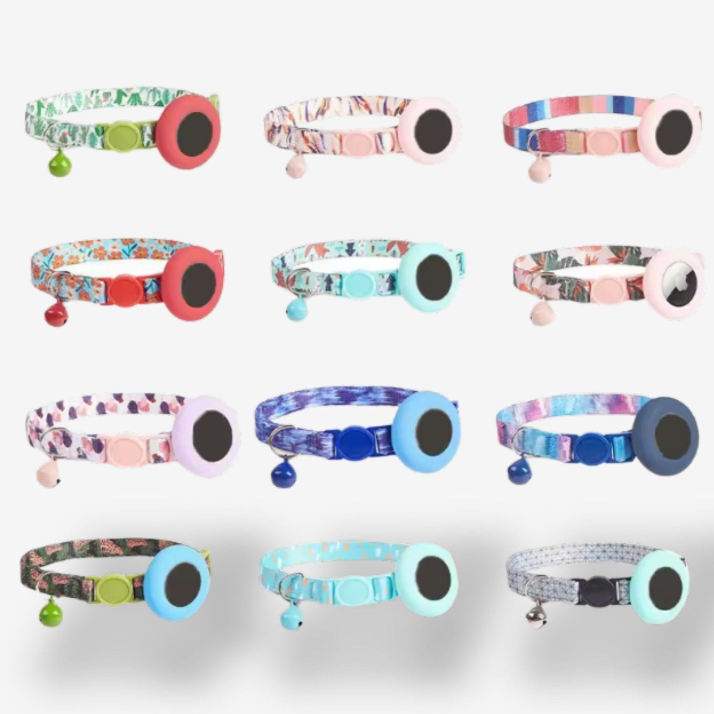 Collier GPS Chat <br> Bouquet Floral Rouge et Rose sur Ciel Bleu, Support et Clochette Rouges