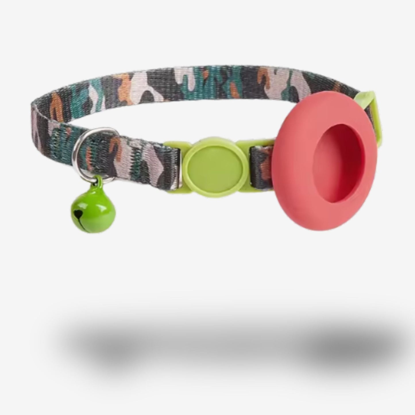 Collier GPS Chat <br> Camouflage Nature Vert Kaki, Support Rouge et Clochette Verte