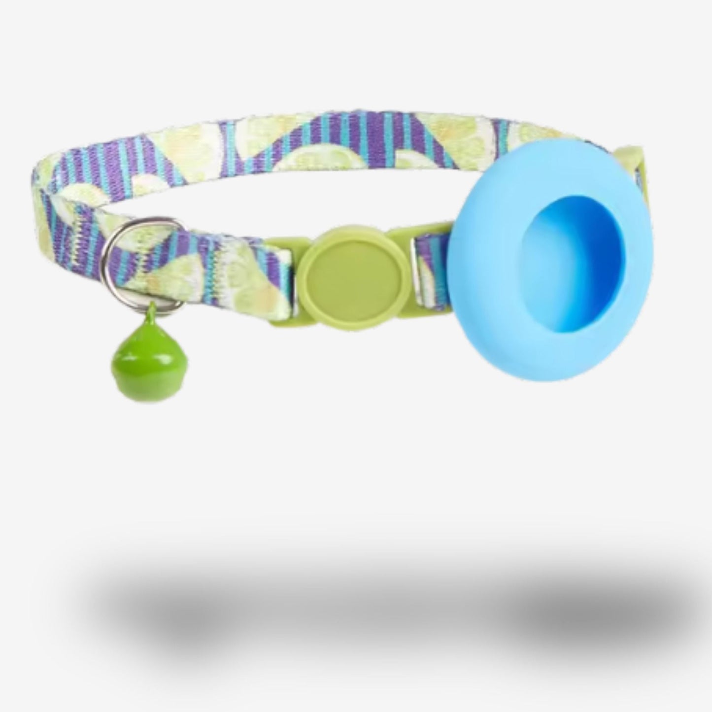 Collier GPS Chat <br> Citrons Verts sur Fond Rayé Bleu, Support Bleu Clair et Clochette Verte