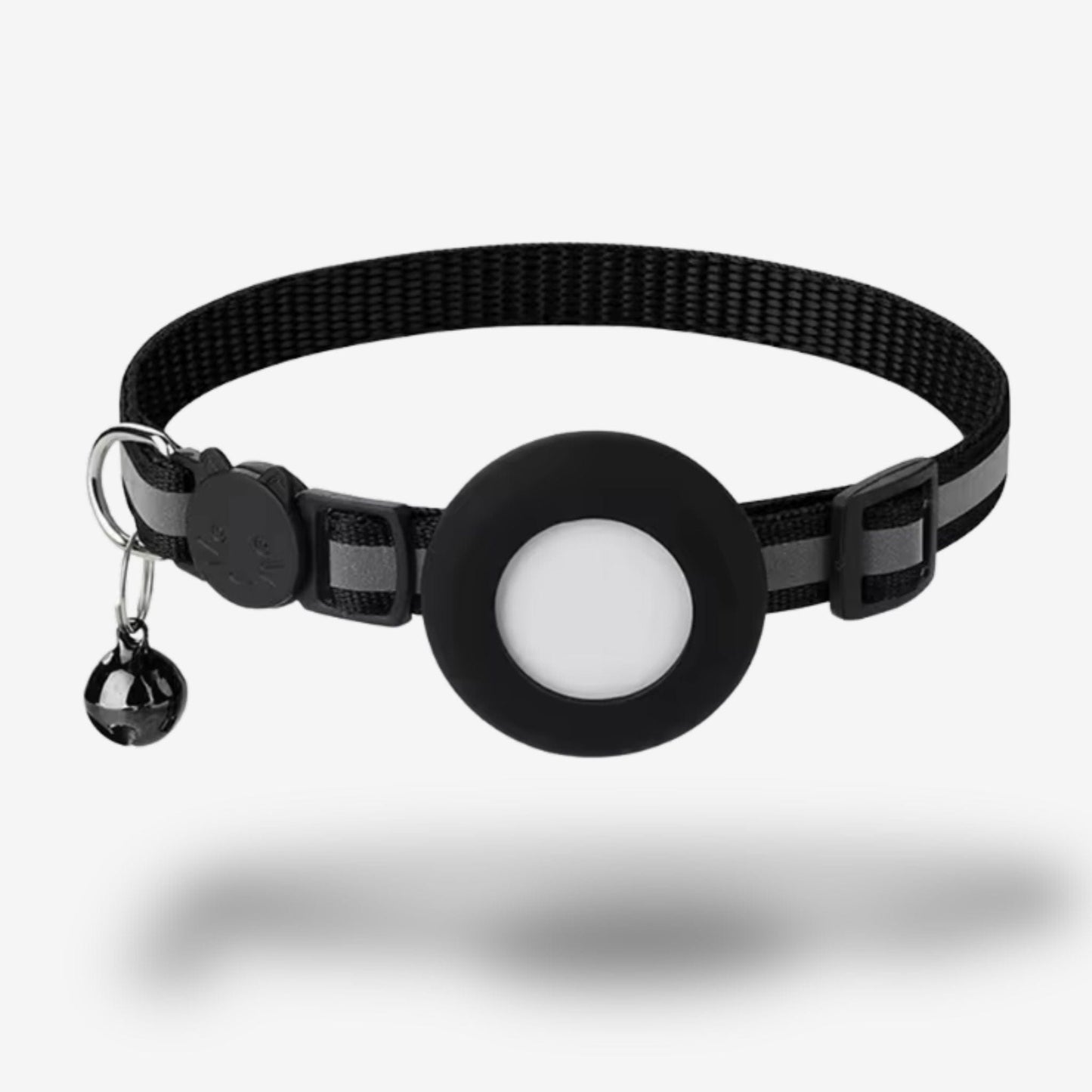 Collier GPS Chat <br> Design Noir avec Bande Réfléchissante, Clochette Noire et Support en Silicone