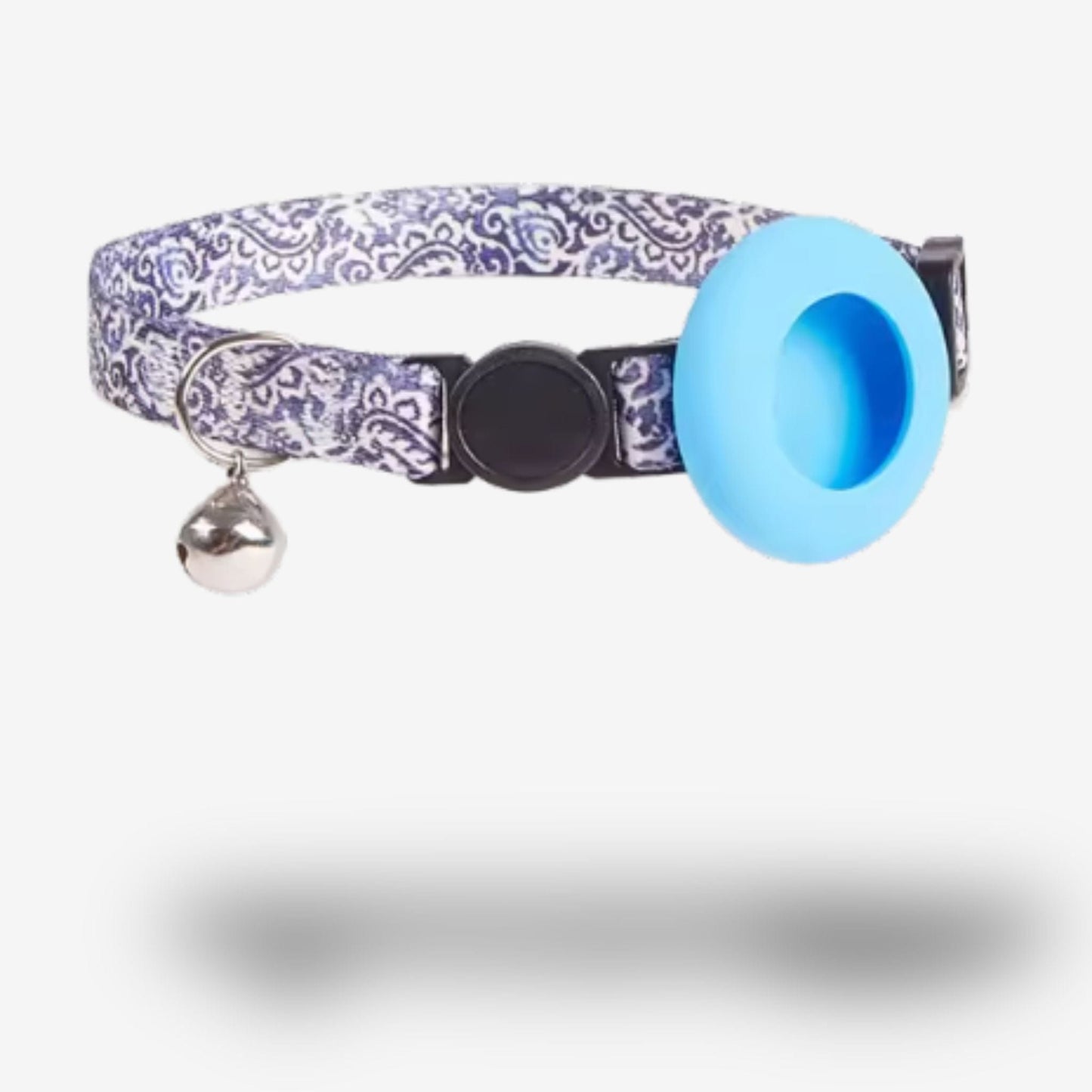 Collier GPS Chat <br> Porcelaine Élégante Bleu Marine, Clochette Métallique et Support Bleu