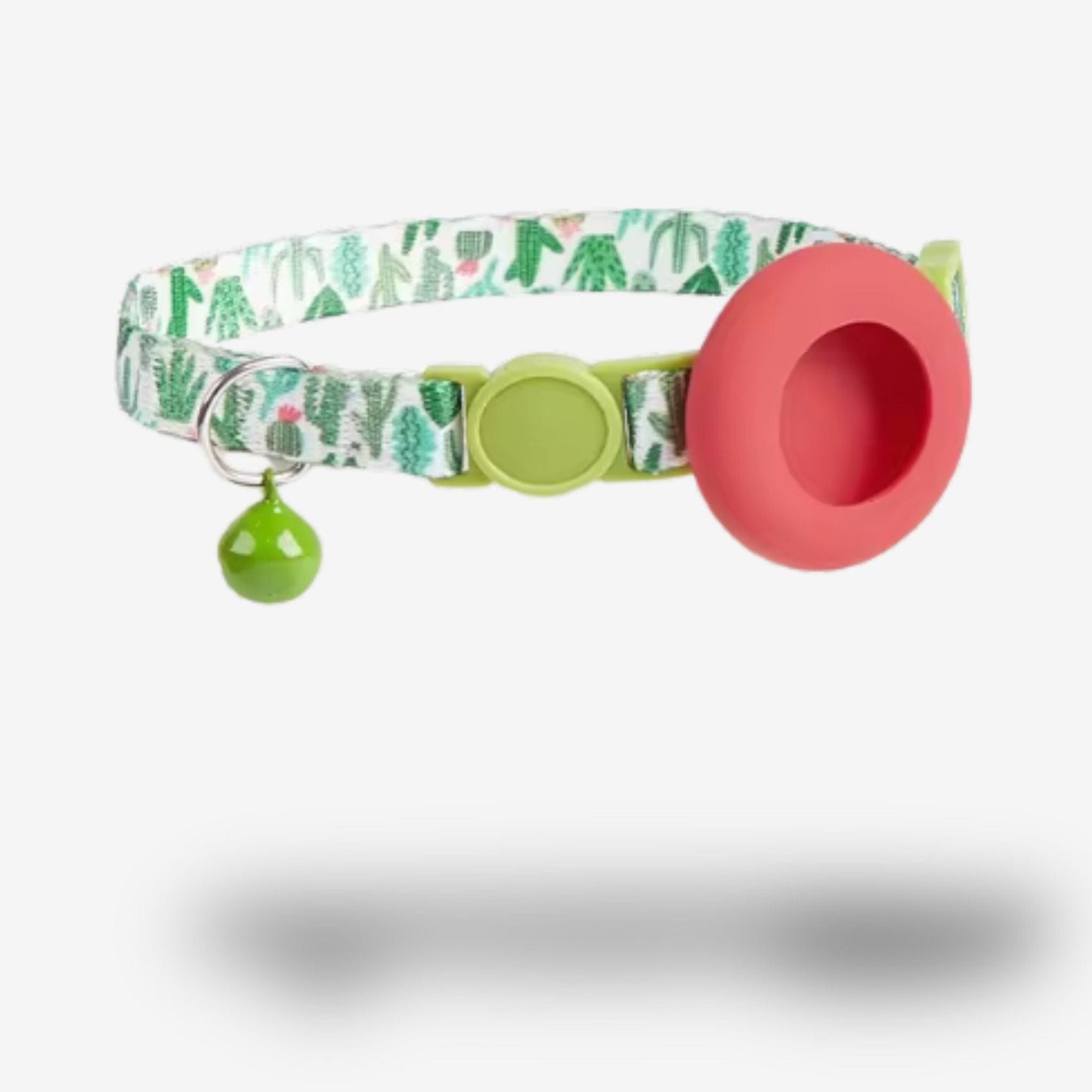 Collier GPS Chat <br> Style Désert Chic avec Cactus, Support Rouge Clair et Clochette Verte