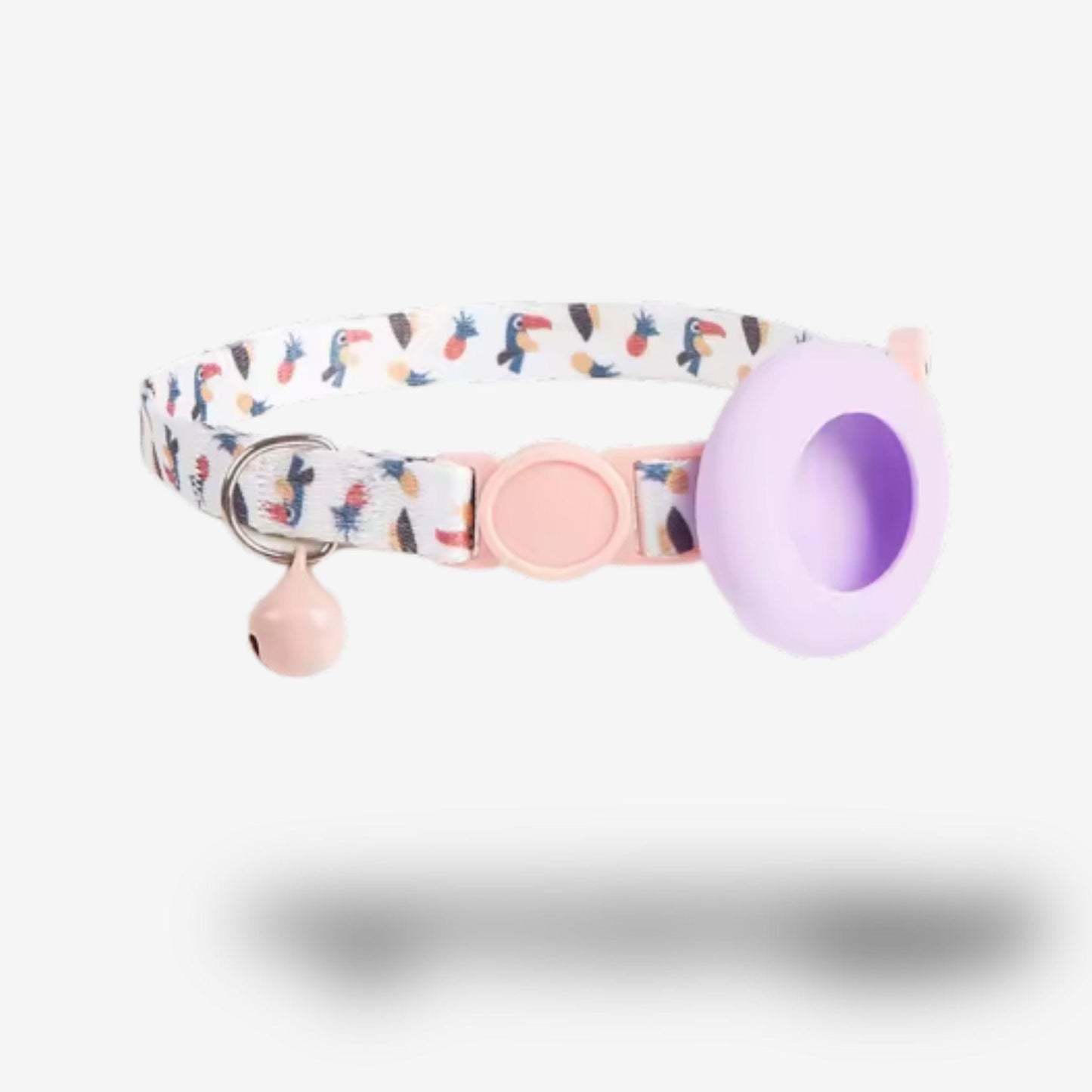 Collier GPS Chat <br> Style Tropical avec Perroquets et Ananas, Support Violet Clair et Clochette Beige
