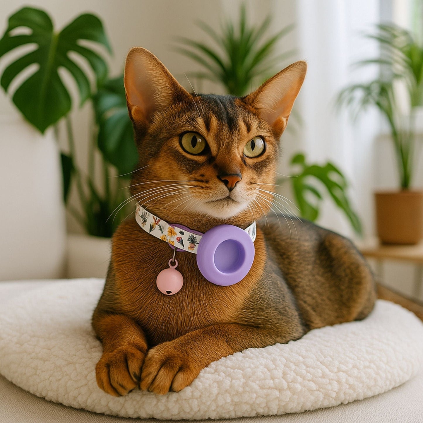 Collier GPS Chat <br> Style Tropical avec Perroquets et Ananas, Support Violet Clair et Clochette Beige