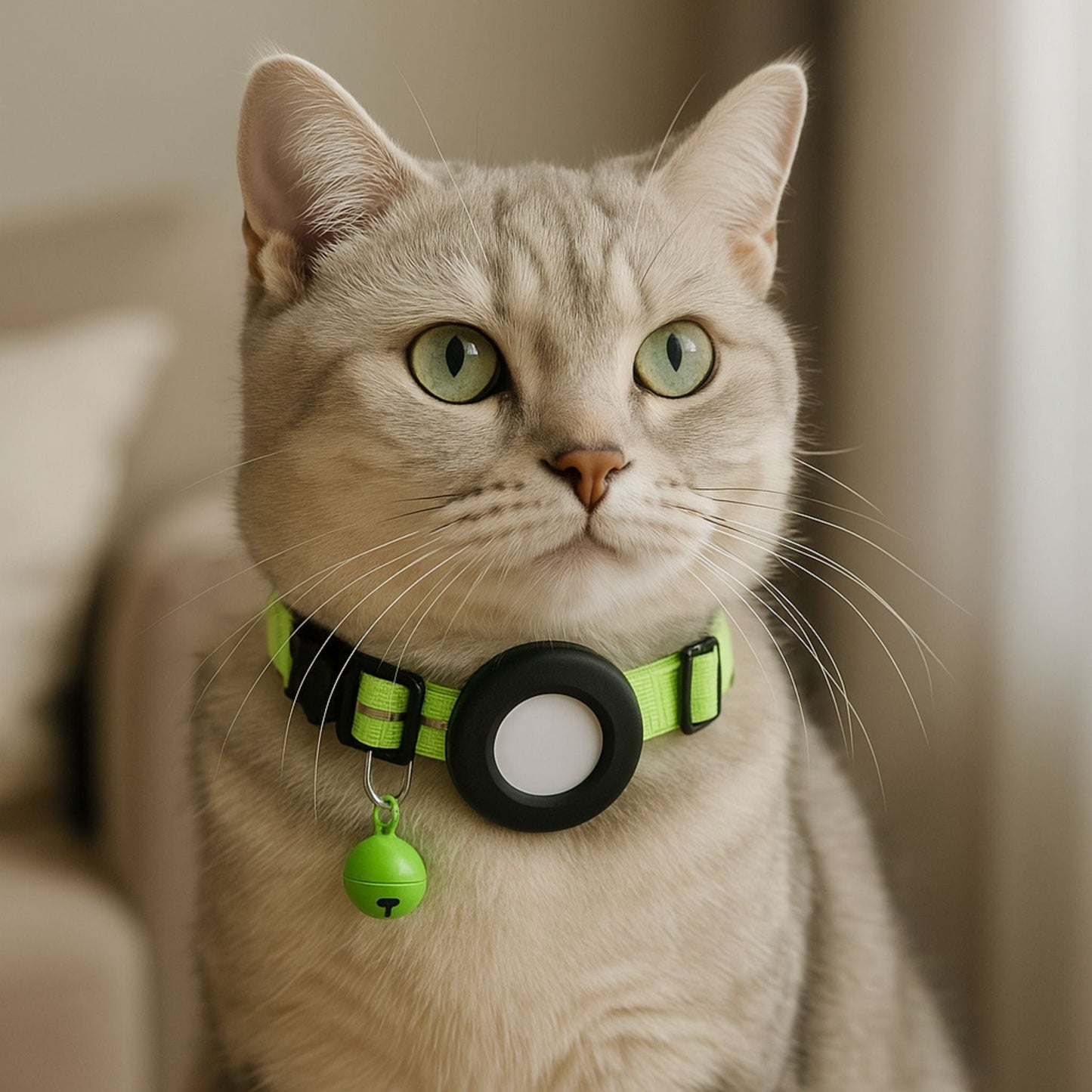 Collier GPS Chat <br> Vert Clair Brillant avec Bande Réfléchissante, Clochette et Support en Silicone