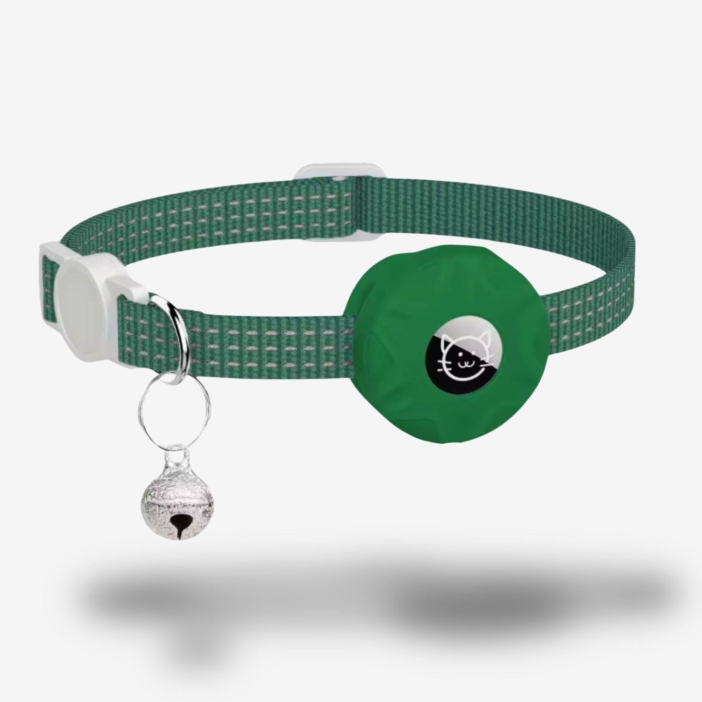 Collier GPS Chat <br> Vert Foncé Raffiné avec Clochette Métallique et Support Refermable