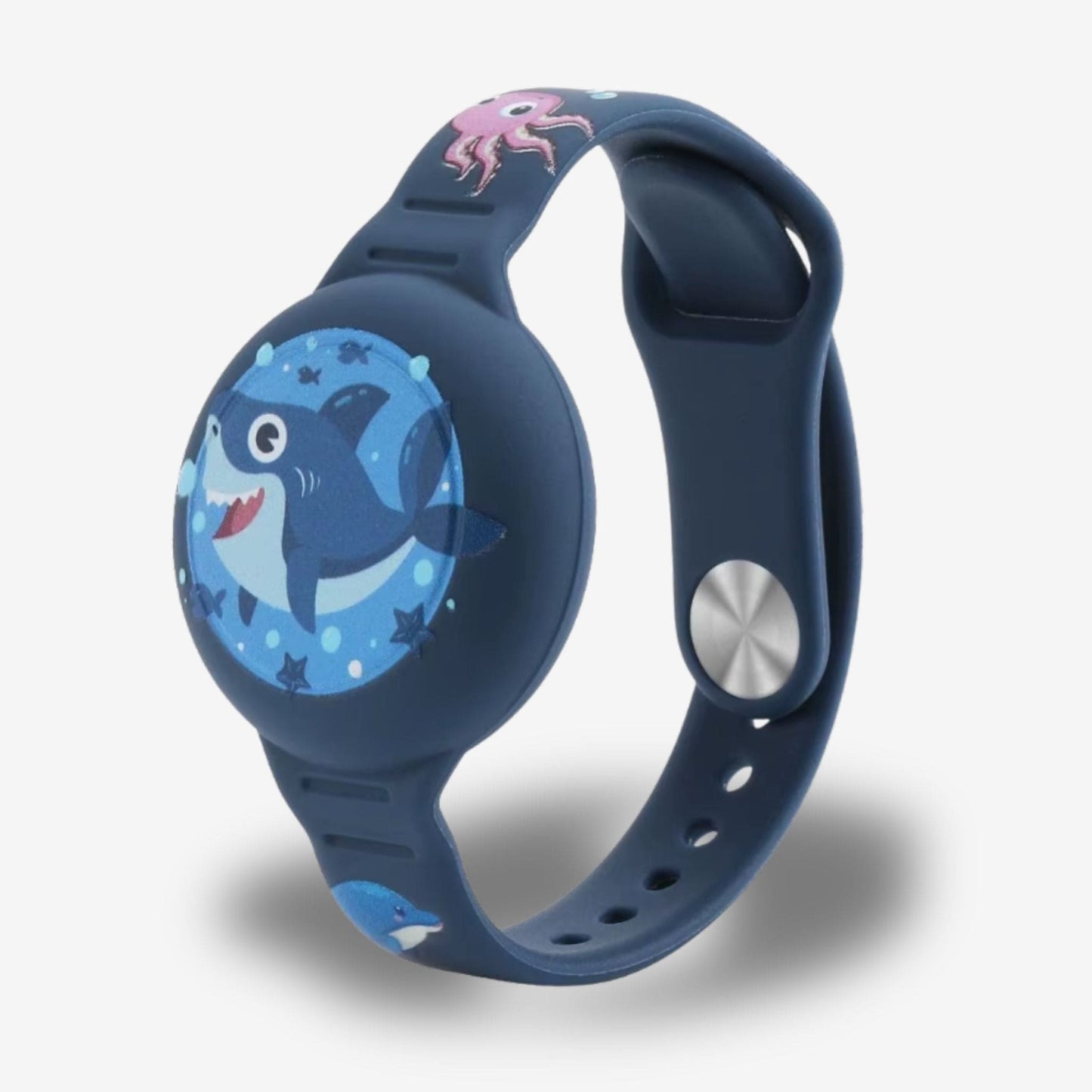 Traceur GPS Enfant <br> Bracelet Bleu Marine avec Requin sur Compartiment GPS