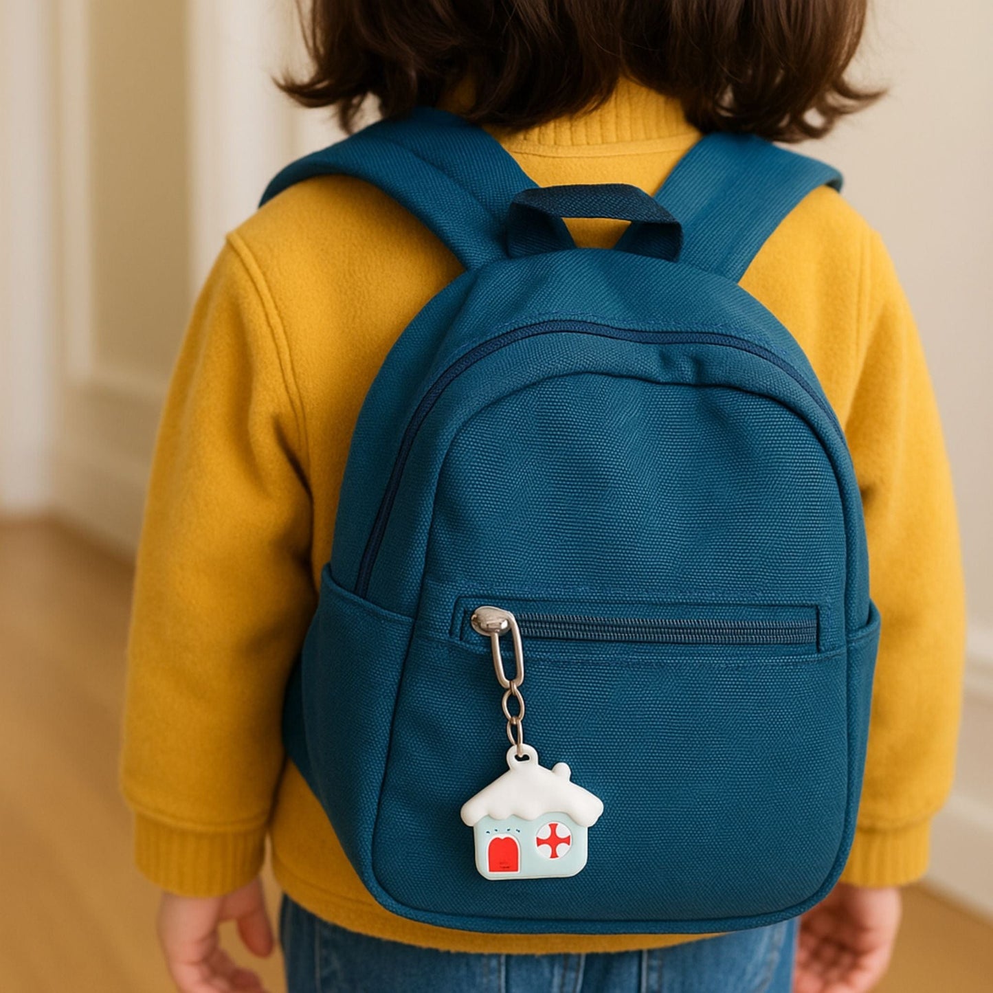 Traceur GPS Enfant <br> Maison Enneigée en Silicone, Ambiance Hivernale et Mousqueton Pratique
