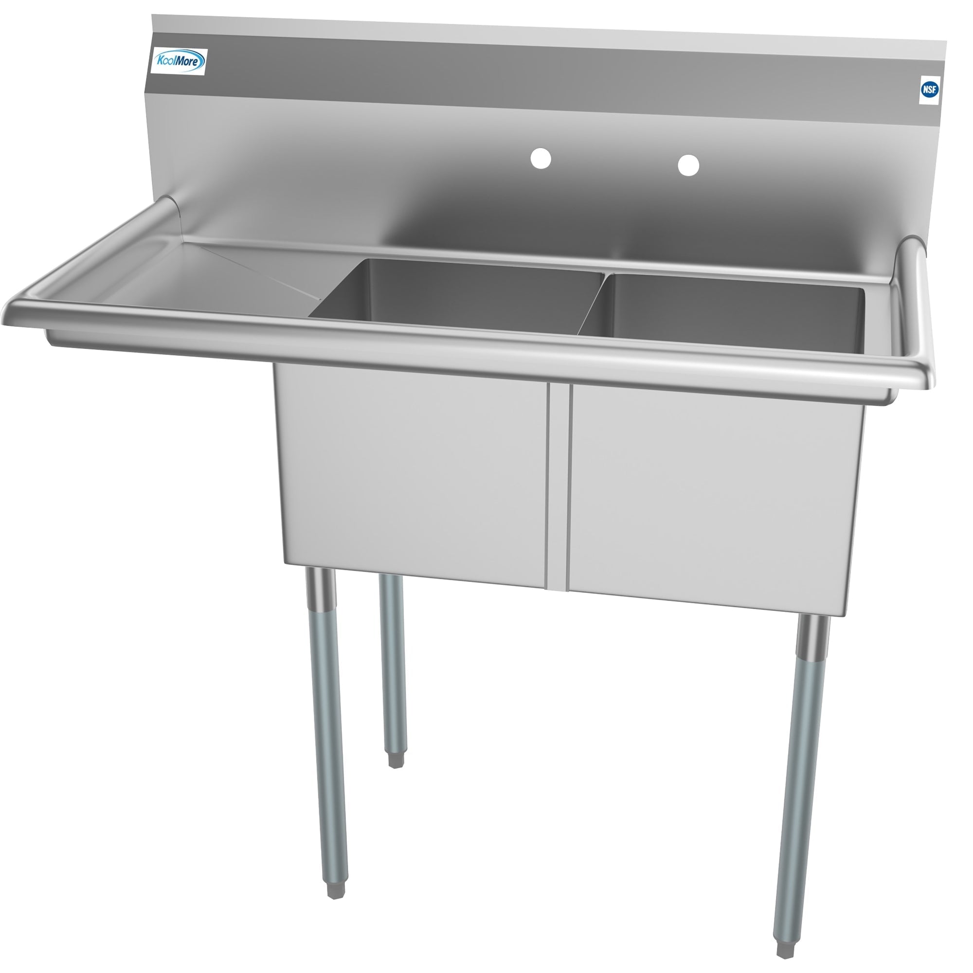 KOOLMORE 43 in. Two Compartment Stainless Steel Commercial Sink with Drainboard, Bowl Size 14