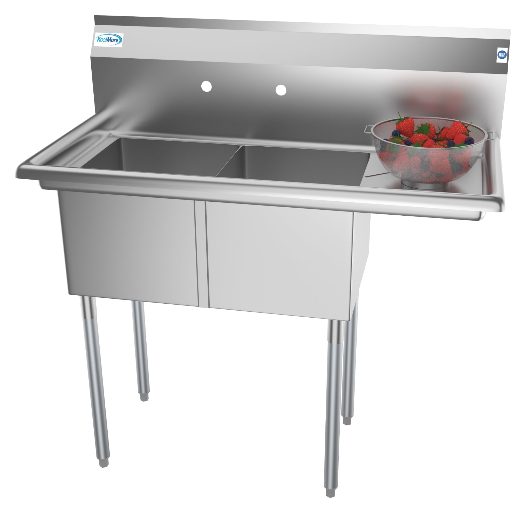 KOOLMORE 43 in. Two Compartment Stainless Steel Commercial Sink with Drainboard, Bowl Size 14