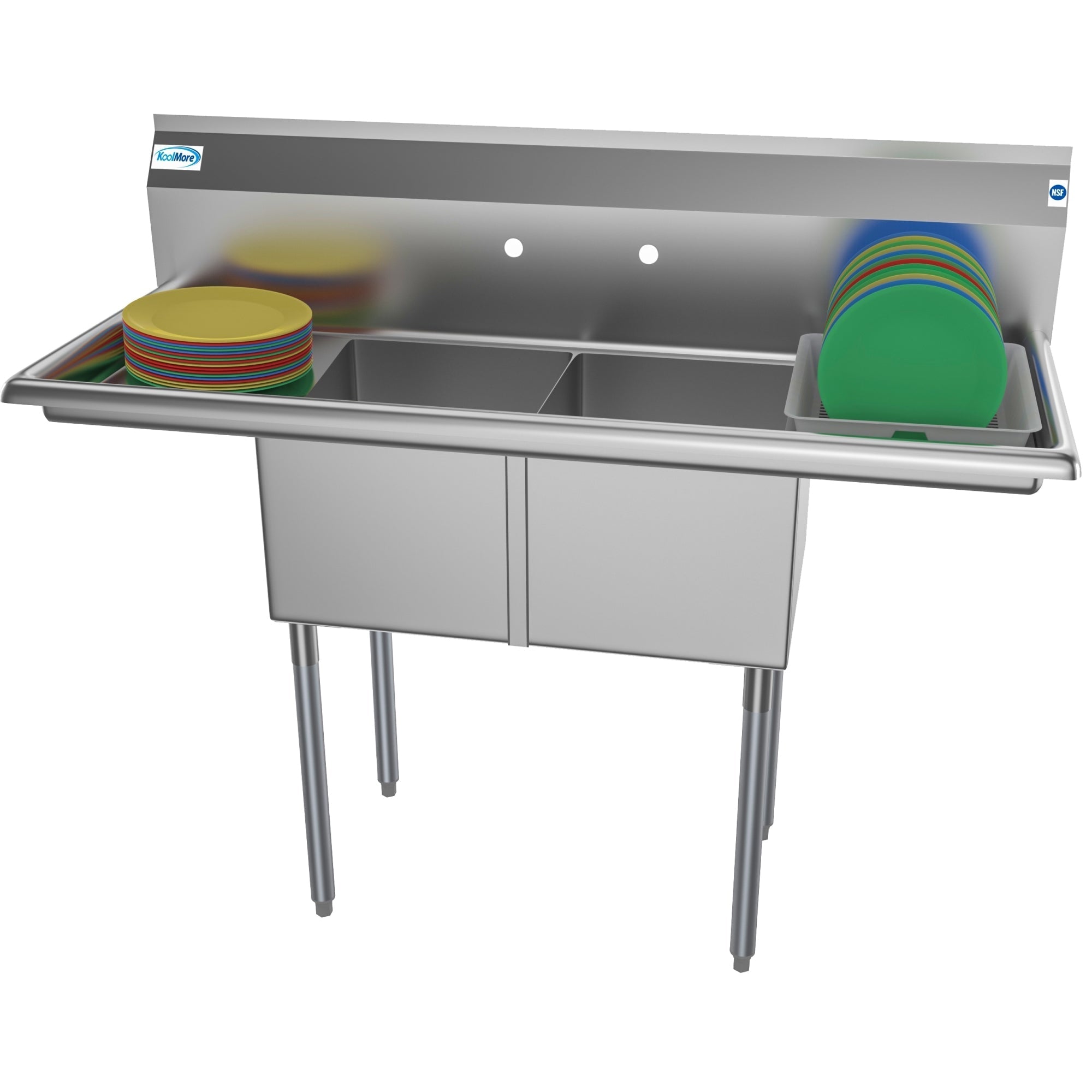 KOOLMORE 52 in. Two Compartment Stainless Steel Commercial Sink with 2 Drainboards, Bowl Size 14
