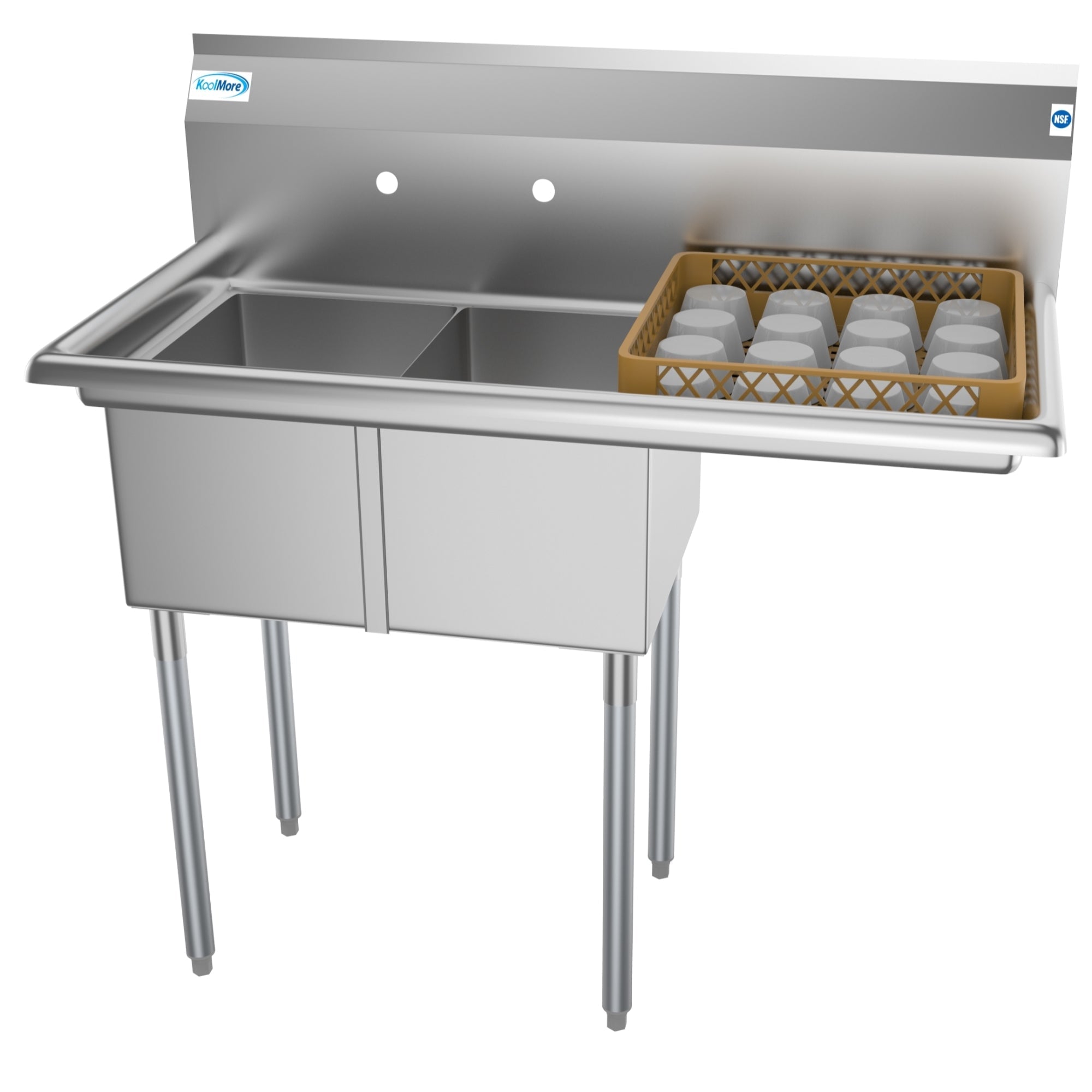 KOOLMORE 43 in. Two Compartment Stainless Steel Commercial Sink with Drainboard, Bowl Size 12