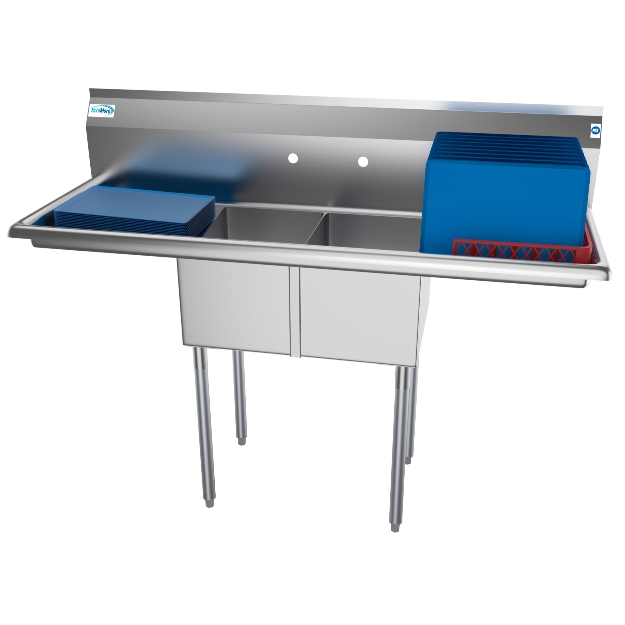KOOLMORE 56 in. Two Compartment Stainless Steel Commercial Sink with 2 Drainboards, Bowl Size 12