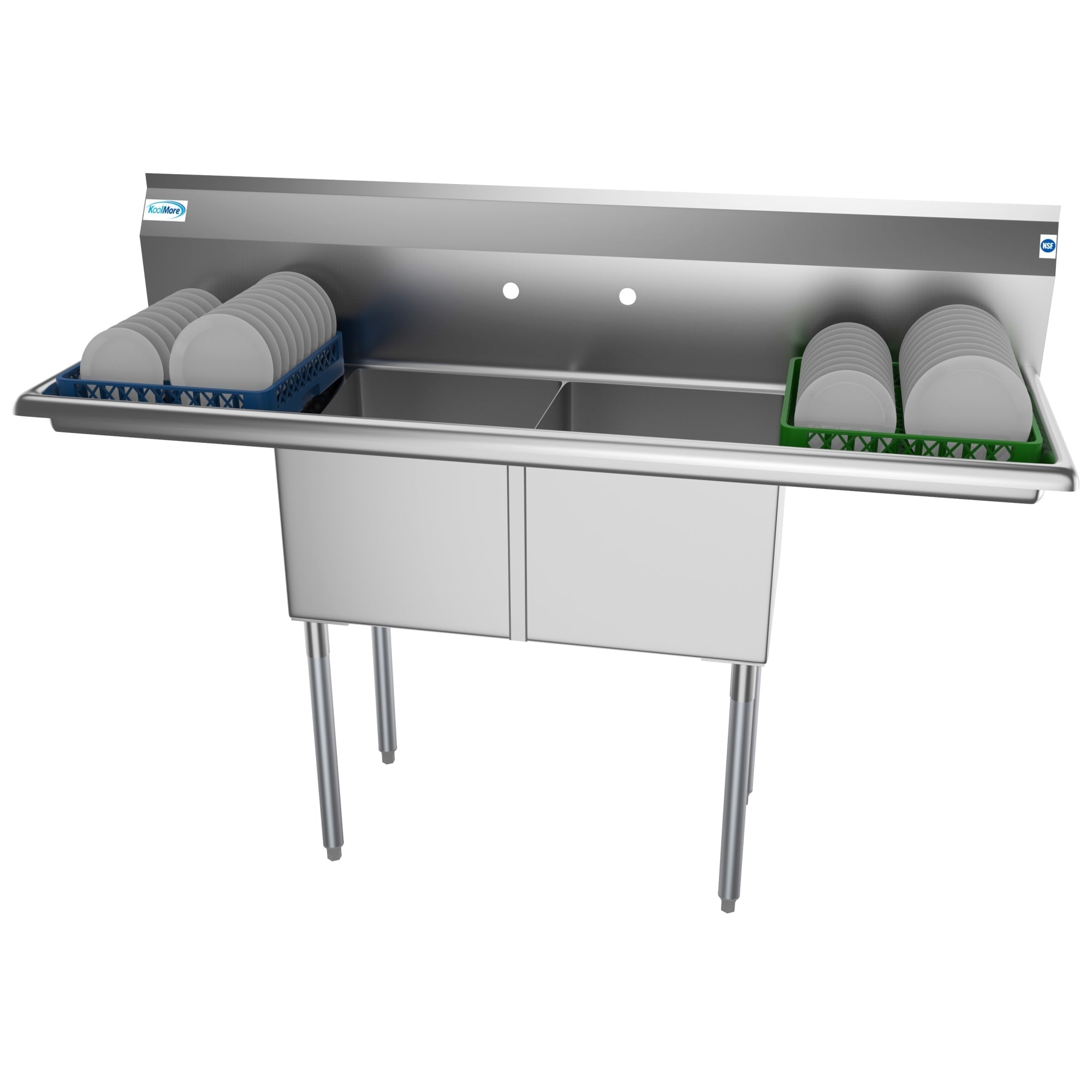 KOOLMORE 60 in. Two Compartment Stainless Steel Commercial Sink with 2 Drainboards, Bowl Size 15
