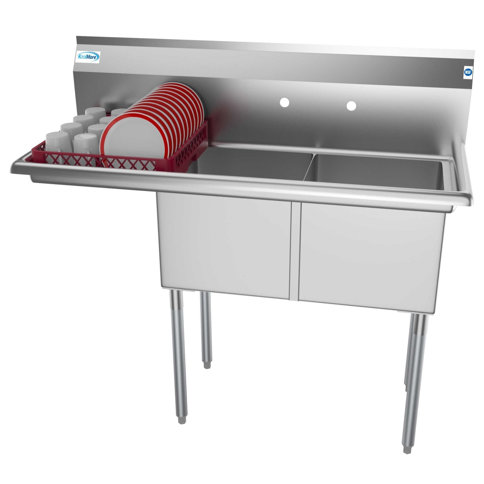 KOOLMORE 48 in. Two Compartment Stainless Steel Commercial Sink with 2 Drainboards, Bowl Size 15