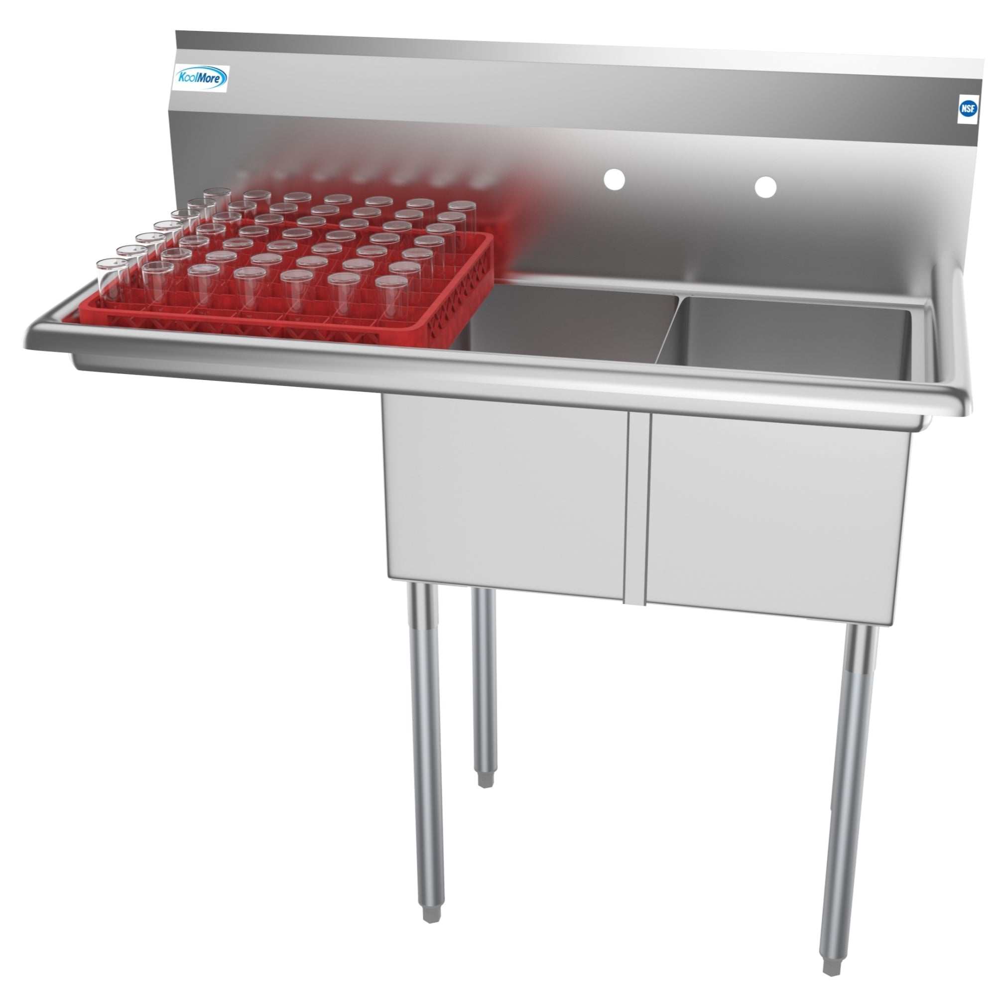 KOOLMORE 43 in. Two Compartment Stainless Steel Commercial Sink with Drainboard, Bowl Size 12