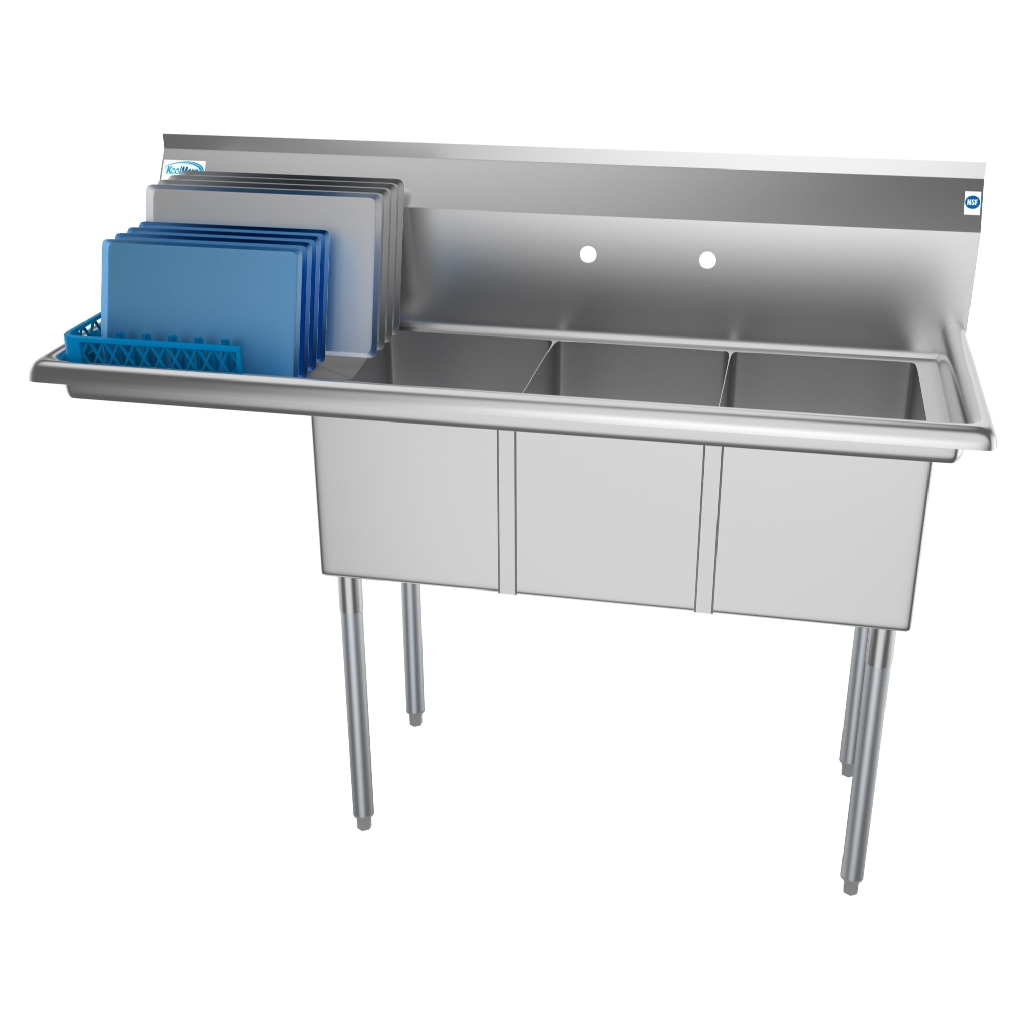 KOOLMORE 55 in. Three Compartment Stainless Steel Commercial Sink with Drainboard, Bowl Size 12