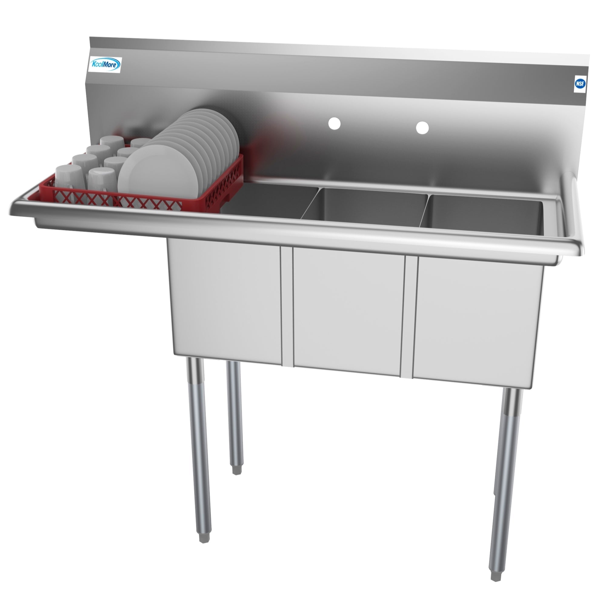 KOOLMORE SC10141012L3 45 in. Three Compartment Stainless Steel Commercial Sink with Drainboard, Bowl Size 10