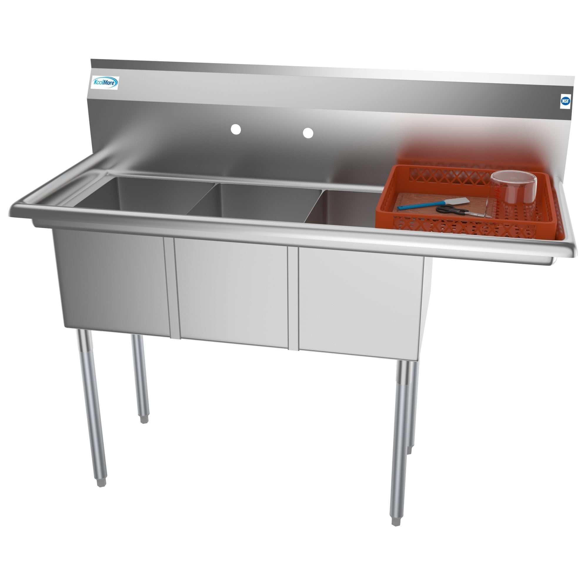 KOOLMORE 51 in. Three Compartment Stainless Steel Commercial Sink with Drainboard, Bowl Size 12