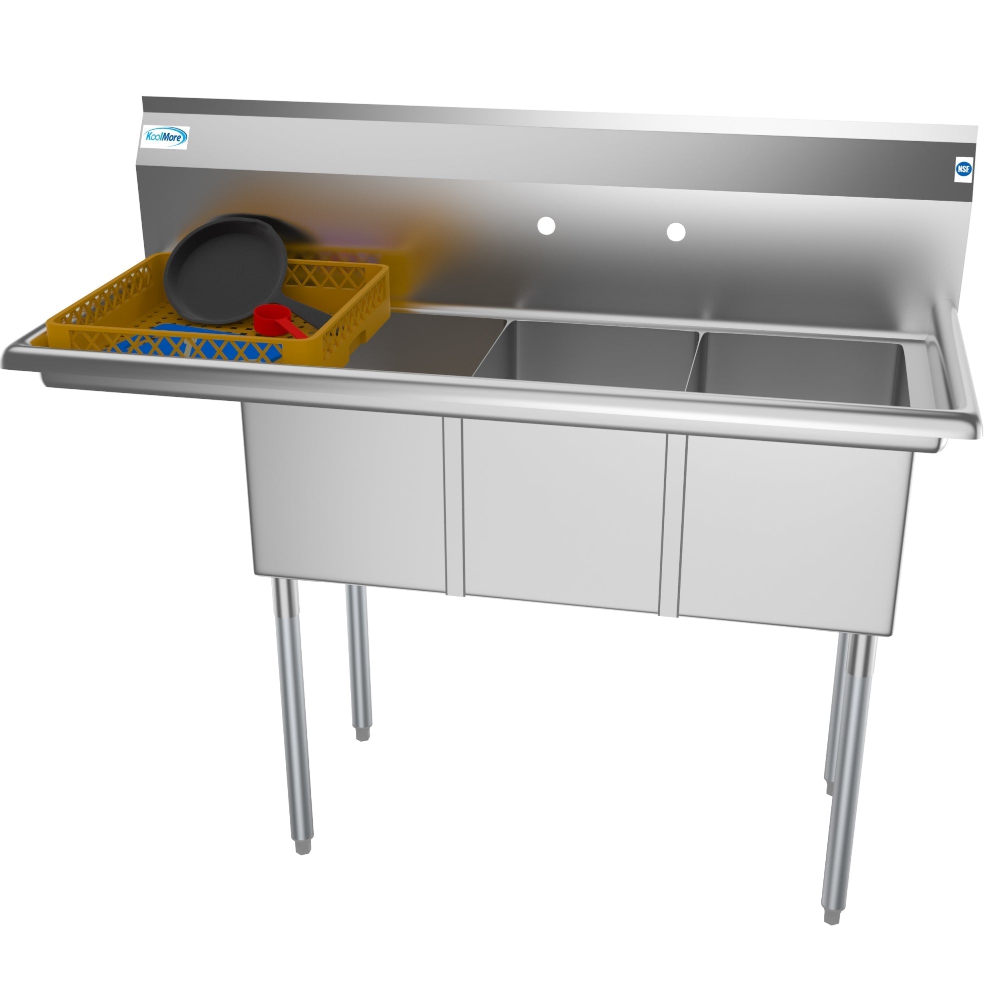 KOOLMORE 51 in. Three Compartment Stainless Steel Commercial Sink with Drainboard, Bowl Size 12