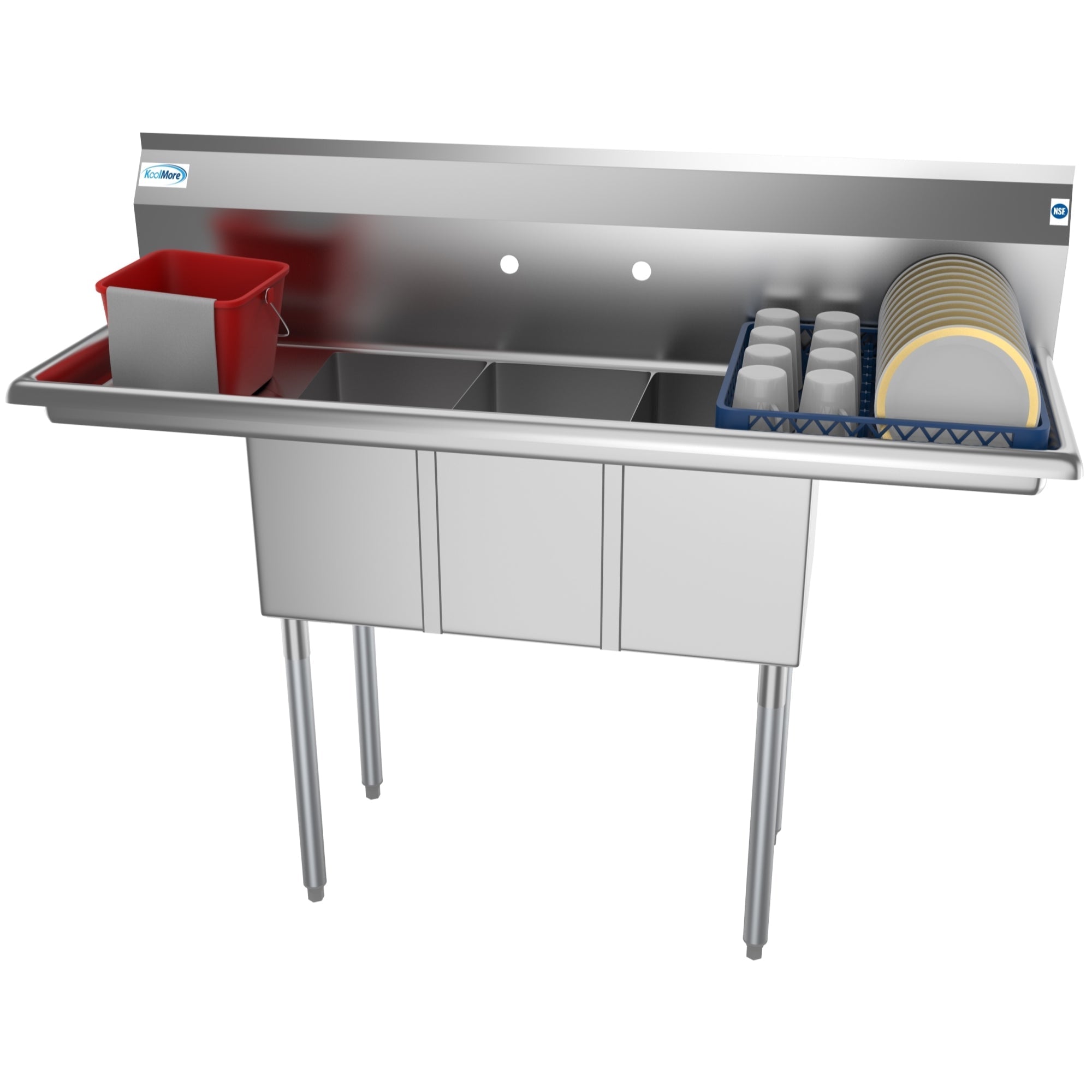 KOOLMORE 54 in. Three Compartment Stainless Steel Commercial Sink with Drainboards, Bowl Size 10