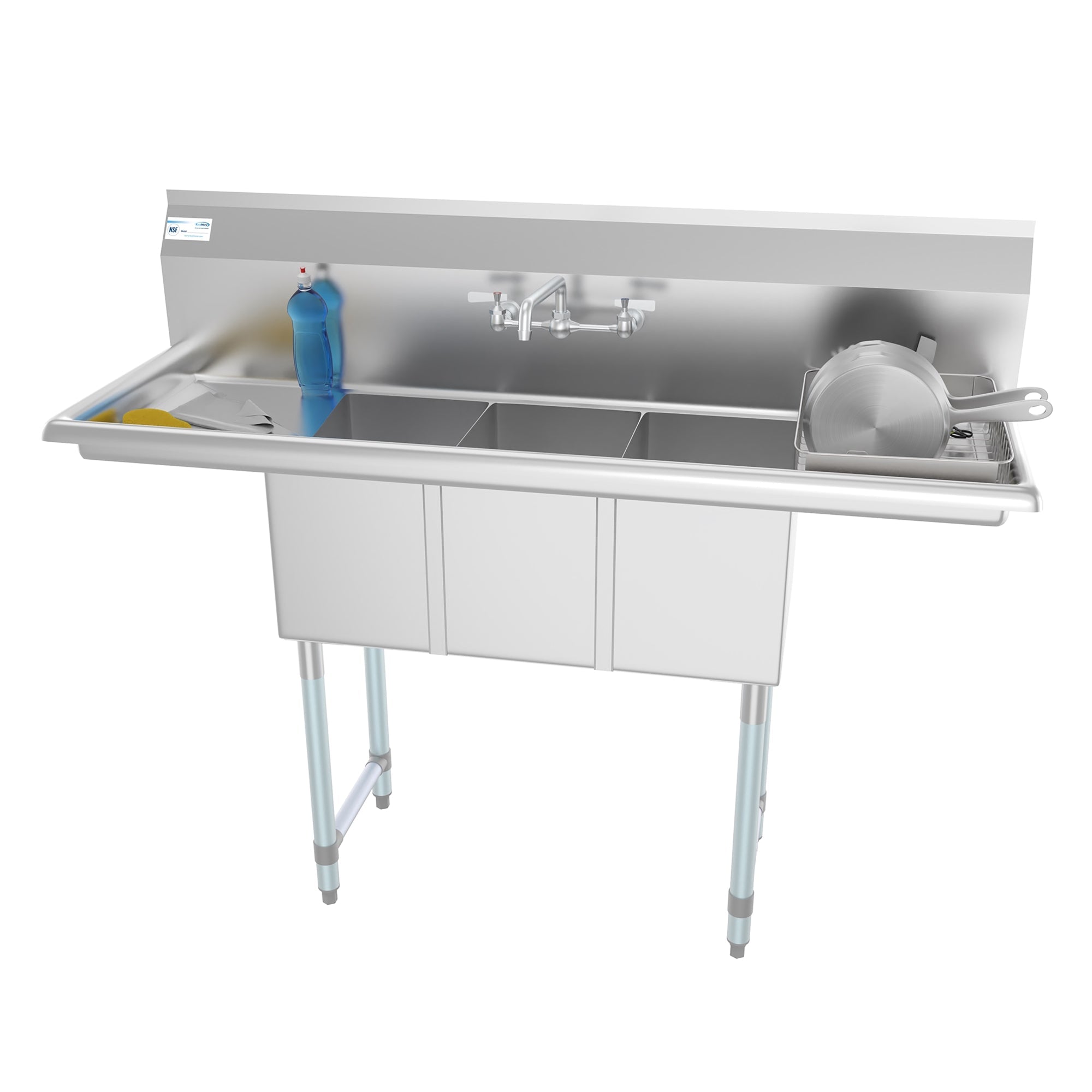 KOOLMORE 54 in. Three Compartment Stainless Steel Commercial Sink with Faucet and Drainboards, Bowl Size 10