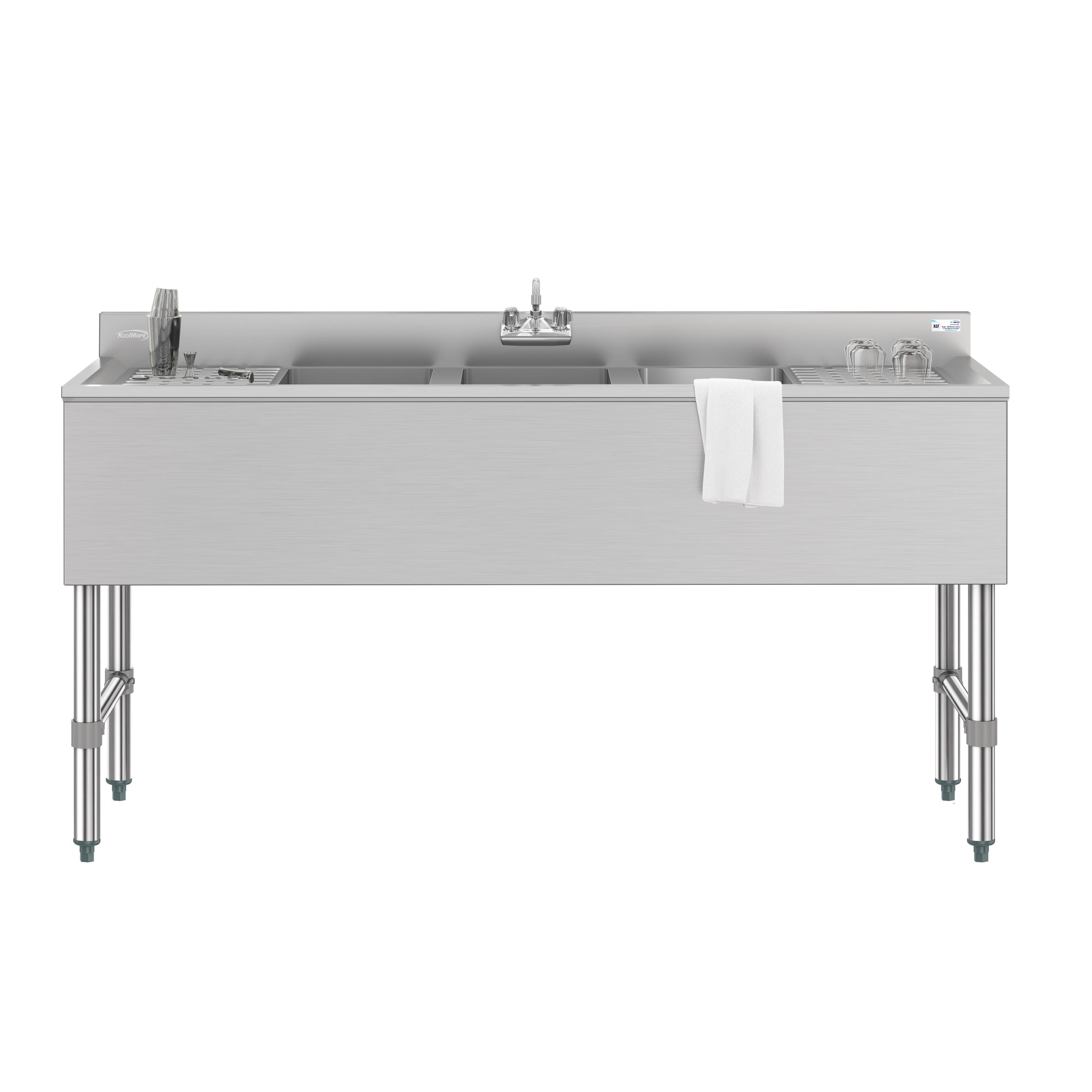 KOOLMORE 60 in. Three-Compartment Commercial Bar-Sink with 3 in. Backsplash, Dual Drainboards with Low Lead Faucet, NSF Certified in Stainless-Steel (SBR3B60-LR-320) - SBR3B60LR320