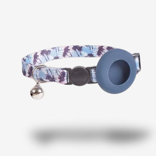 Collier GPS Chat <br> Ambiance Malibu avec Palmiers Bleus, Support Bleu et Clochette Grise