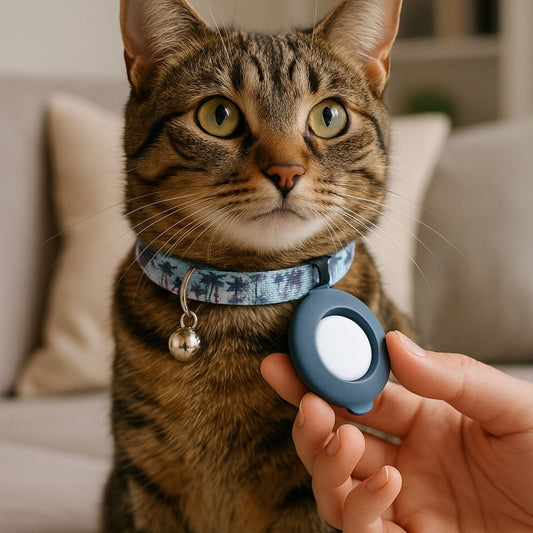 Collier GPS Chat <br> Ambiance Malibu avec Palmiers Bleus, Support Bleu et Clochette Grise