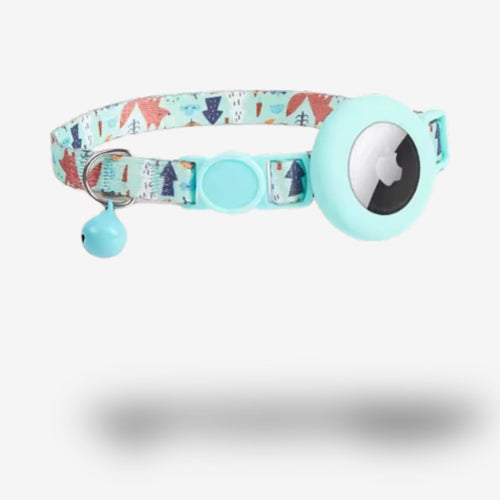 Collier GPS Chat <br> Ambiance Nature avec Arbres Verts sur Fond Turquoise, Support et Clochette Assortis