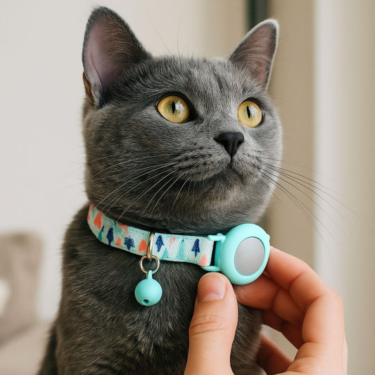 Collier GPS Chat <br> Ambiance Nature avec Arbres Verts sur Fond Turquoise, Support et Clochette Assortis