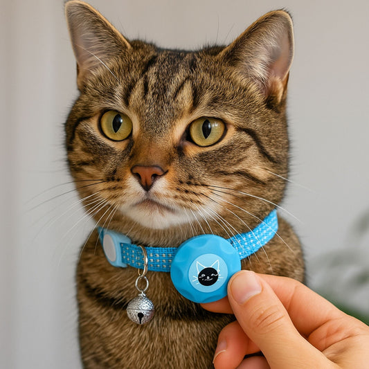 Collier GPS Chat <br> Bleu Clair Réfléchissant pour Visibilité Nocturne, Clochette Métallique et Support Refermable