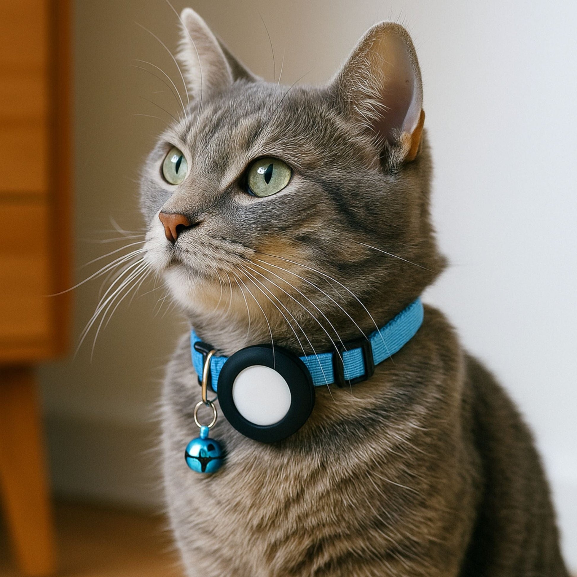 Collier GPS Chat <br> Bleu Clair Sécurisant avec Bande Réfléchissante et Clochette Assortie