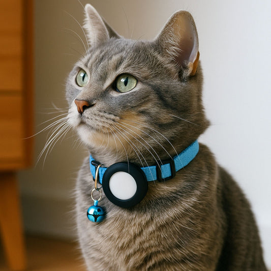 Collier GPS Chat <br> Bleu Clair Sécurisant avec Bande Réfléchissante et Clochette Assortie