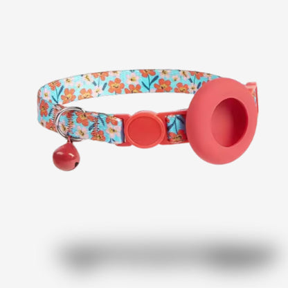 Collier GPS Chat <br> Bouquet Floral Rouge et Rose sur Ciel Bleu, Support et Clochette Rouges