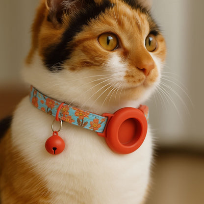 Collier GPS Chat <br> Bouquet Floral Rouge et Rose sur Ciel Bleu, Support et Clochette Rouges