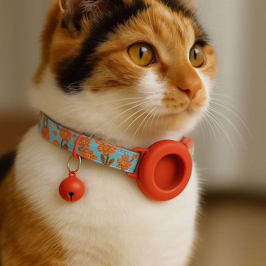 Collier GPS Chat <br> Bouquet Floral Rouge et Rose sur Ciel Bleu, Support et Clochette Rouges