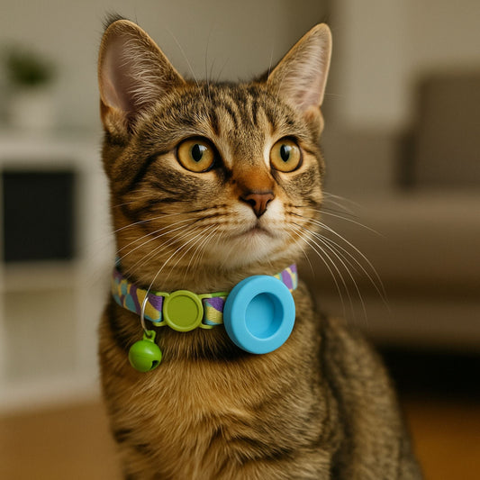 Collier GPS Chat <br> Citrons Verts sur Fond Rayé Bleu, Support Bleu Clair et Clochette Verte