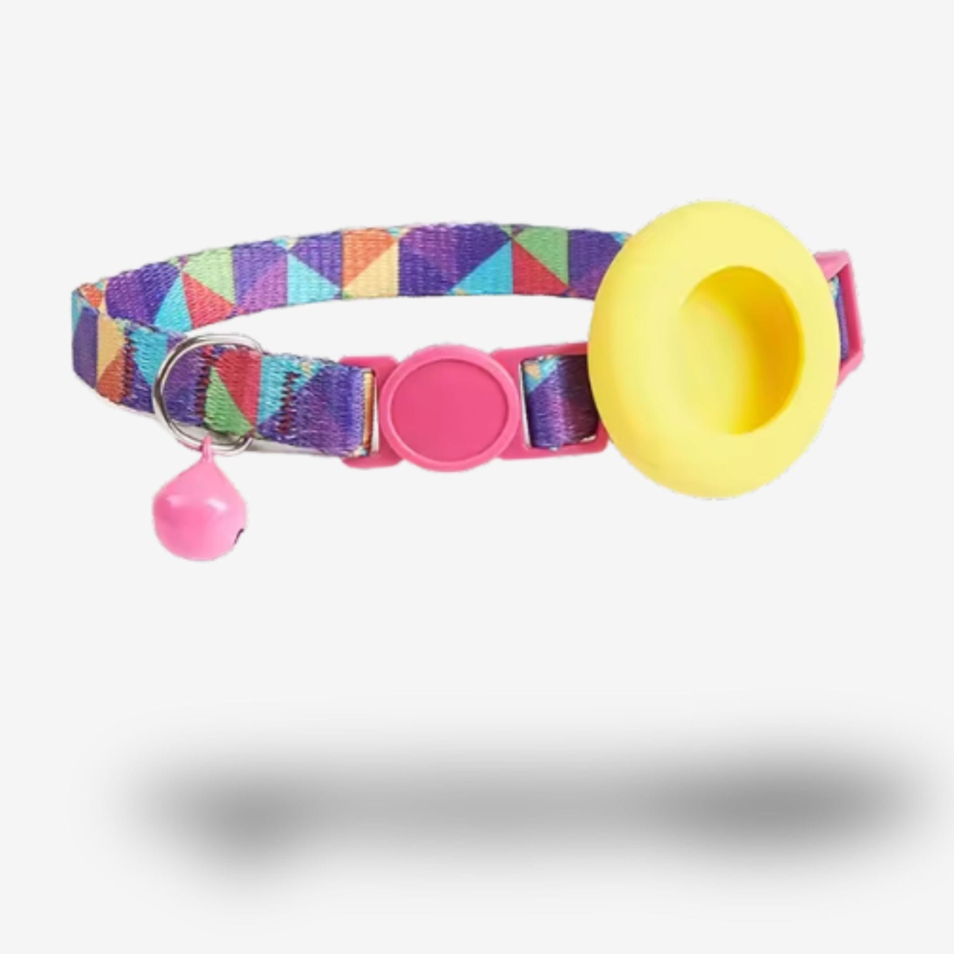 Collier GPS Chat <br> Design Géométrique Coloré avec Support Jaune et Clochette Rose Intégré