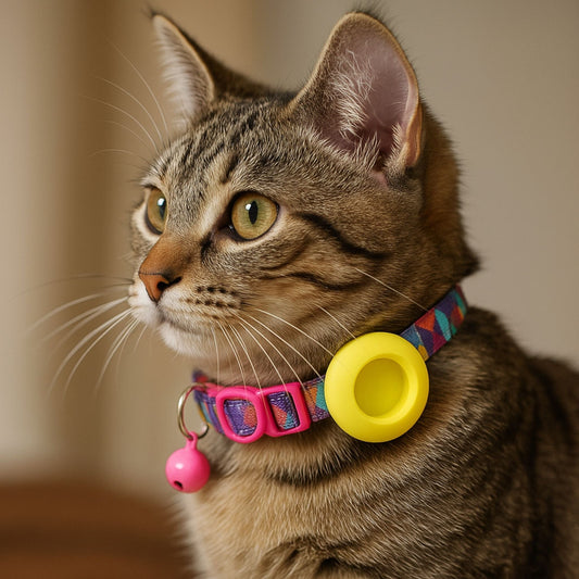 Collier GPS Chat <br> Design Géométrique Coloré avec Support Jaune et Clochette Rose Intégré