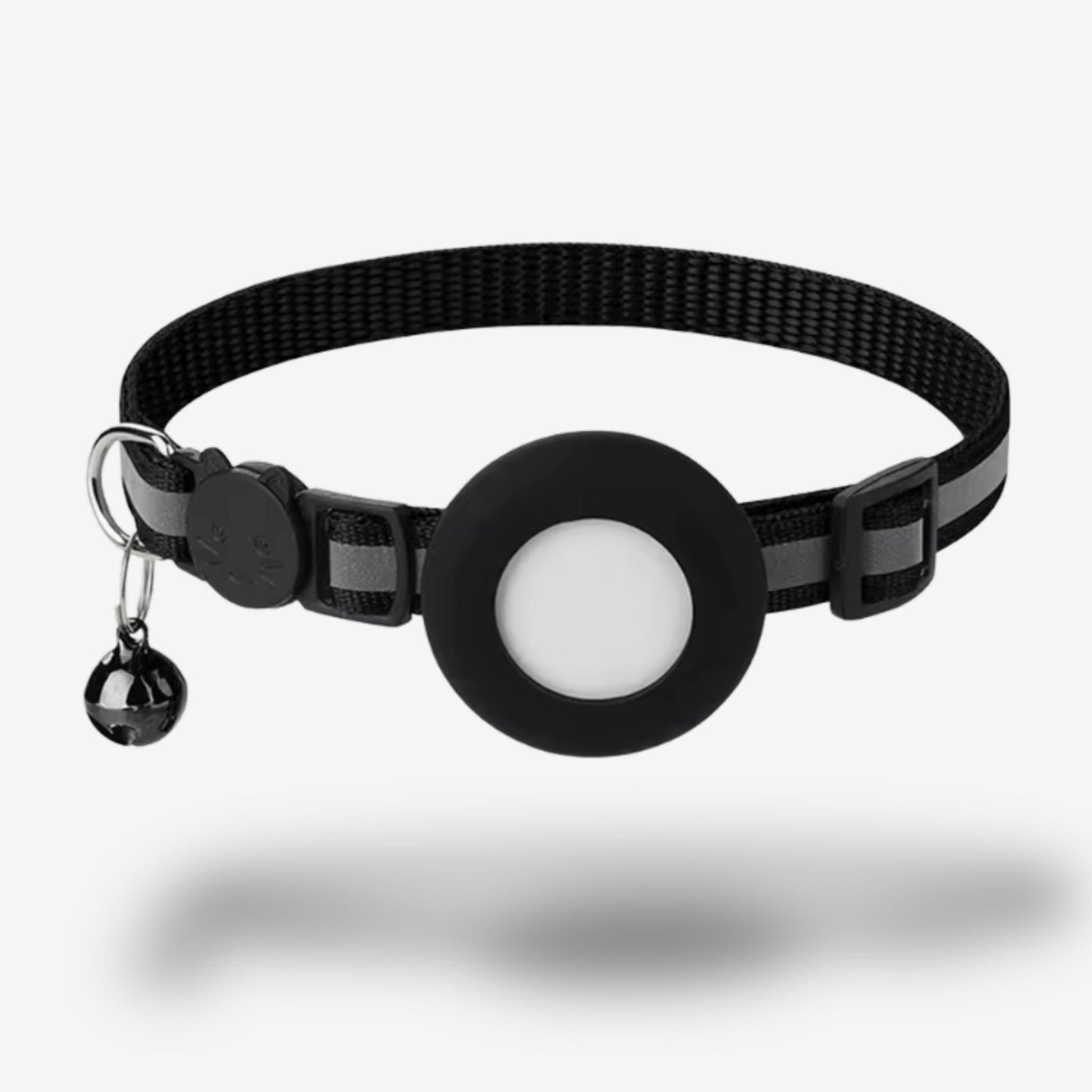 Collier GPS Chat <br> Design Noir avec Bande Réfléchissante, Clochette Noire et Support en Silicone