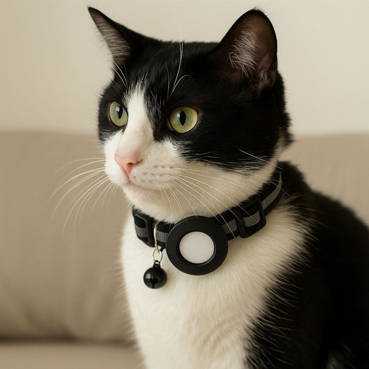 Collier GPS Chat <br> Design Noir avec Bande Réfléchissante, Clochette Noire et Support en Silicone