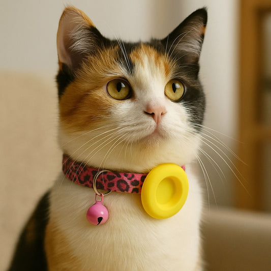Collier GPS Chat <br> Éclats Violets sur Fond Doux, Clochette Rose et Support Jaune