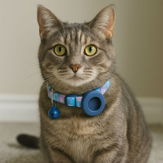 Collier GPS Chat <br> Effet Nébuleuse Douce Rose et Bleu, Support et Clochette Bleus