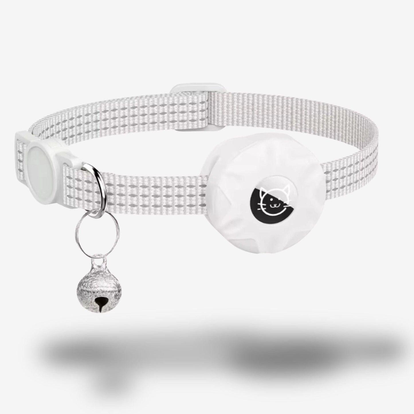 Collier GPS Chat <br> Élégance Minimaliste en Blanc, Clochette Métallique et Support Refermable