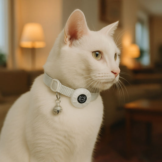 Collier GPS Chat <br> Élégance Minimaliste en Blanc, Clochette Métallique et Support Refermable