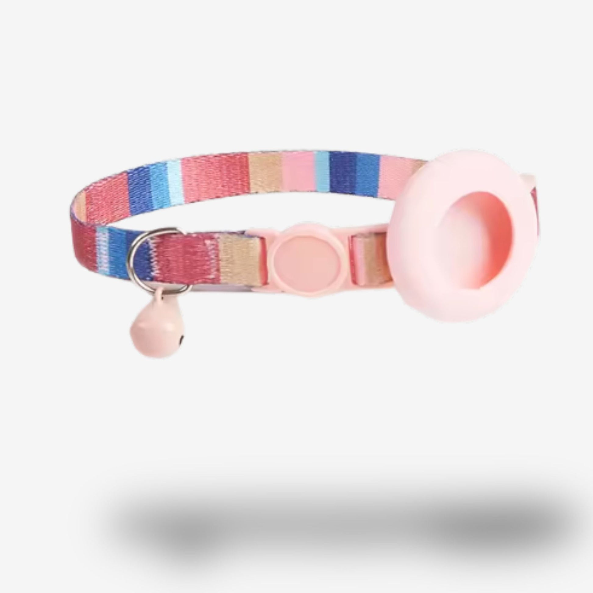 Collier GPS Chat <br> Explosion de Bandes Multicolores, Support et Clochette Roses