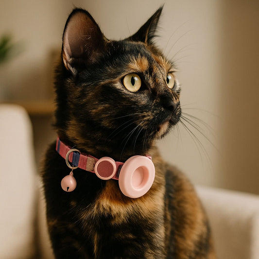 Collier GPS Chat <br> Explosion de Bandes Multicolores, Support et Clochette Roses