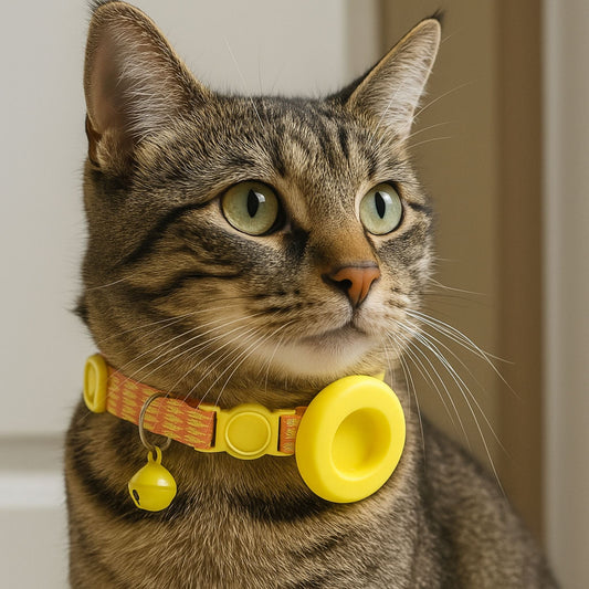 Collier GPS Chat <br> Flèches Dynamiques Vertes et Oranges, Support et Clochette Jaunes